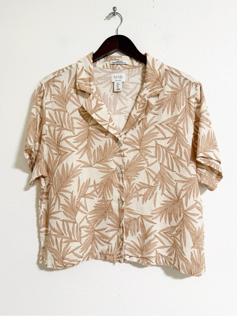 NEW Nicole Miller Flax Linen Palm Print Blouse Size L